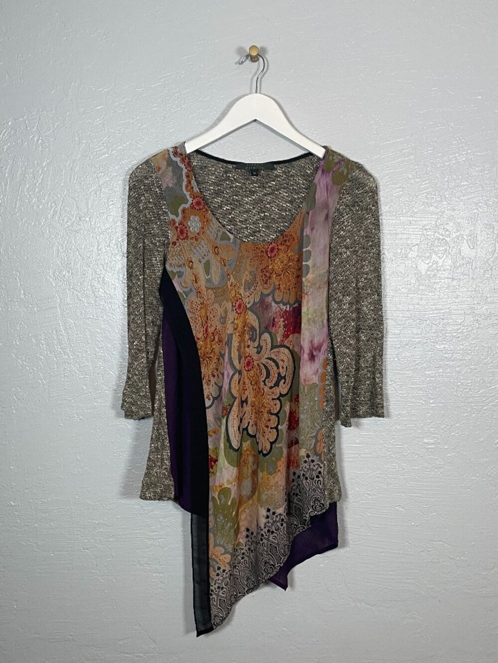 Poeme by Citron Women M Paisley Mixed Material Blouse Knit Sheer Asymmetrical